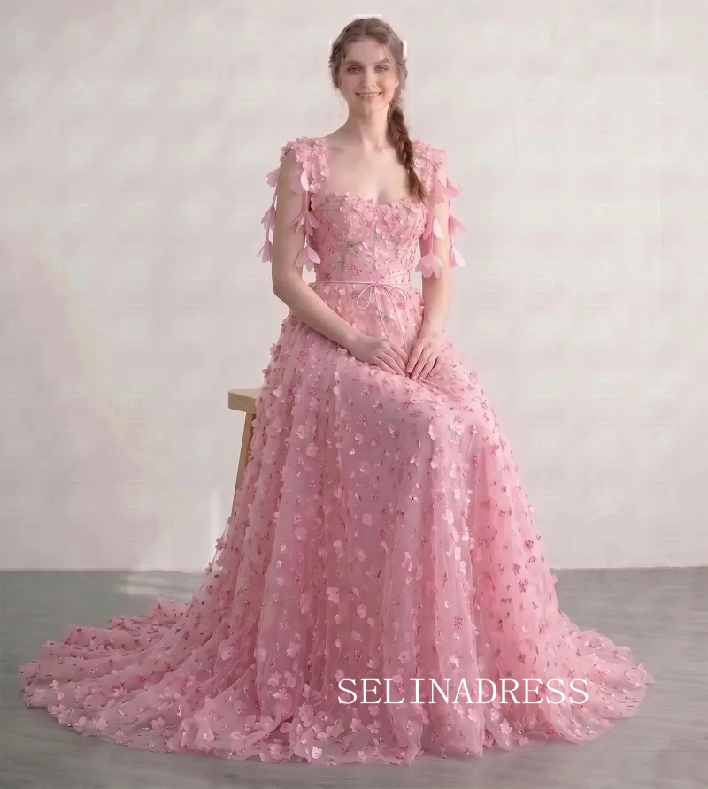 Flower Fairy Blushing Pink 3D Lace Floral Sweetheart Sleeveless A-Line Princess Prom Dresses LET008|Selinadress