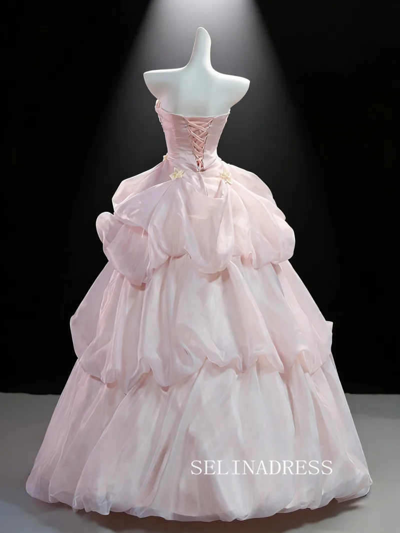Flower Fairy Blushing Pink Bow Appliques Cascading Ruffles Prom Dresses Off-The-Shoulder Sleeveless Backless Ball Gown LET006|Selinadress