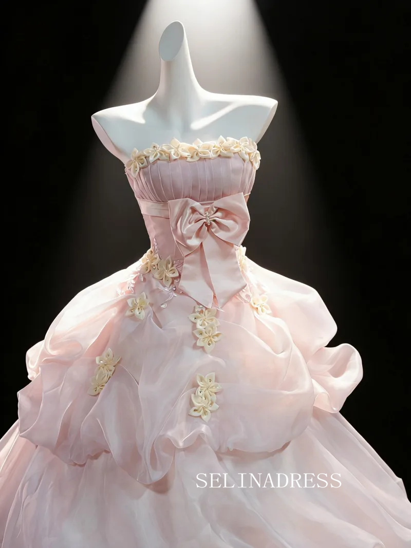 Flower Fairy Blushing Pink Bow Appliques Cascading Ruffles Prom Dresses Off-The-Shoulder Sleeveless Backless Ball Gown LET006|Selinadress
