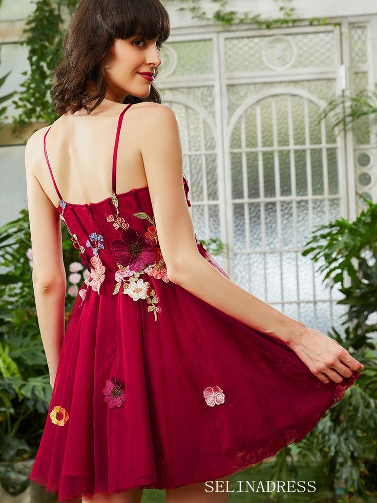 Fuchsia Applique Floral Homecoming Dress Spaghetti Straps Short Prom Dress EWR412 Fuchsia Applique Floral Homecoming Dress Spaghetti Straps Short Prom Dress EWR412