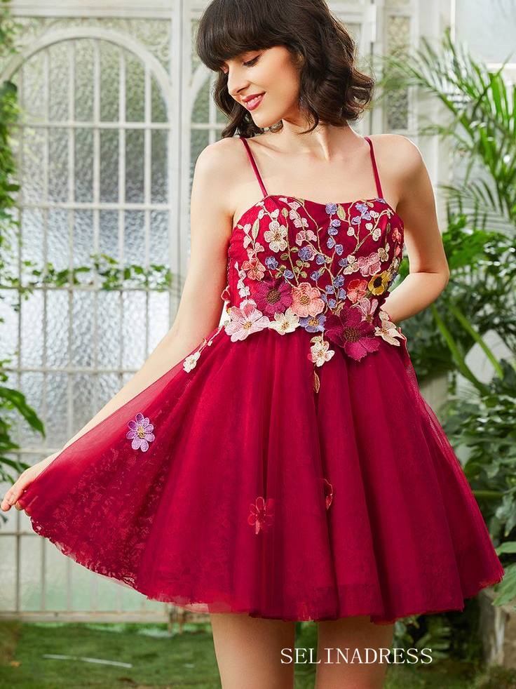Fuchsia Applique Floral Homecoming Dress Spaghetti Straps Short Prom Dress EWR412 Fuchsia Applique Floral Homecoming Dress Spaghetti Straps Short Prom Dress EWR412