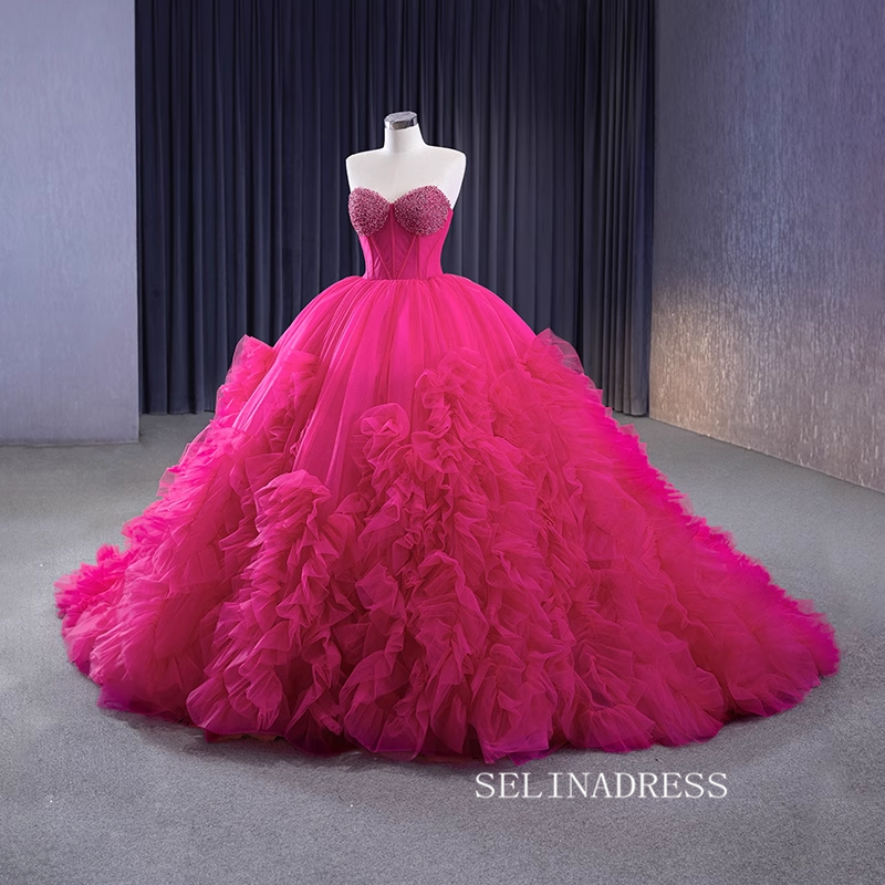 Fuchsia Sweetheart Beaded Sweet 16 Ball Gown Tiered Quinceanera Dress SELINADRESS Fuchsia Sweetheart Beaded Sweet 16 Ball Gown Tiered Quinceanera Dress SELINADRESS
