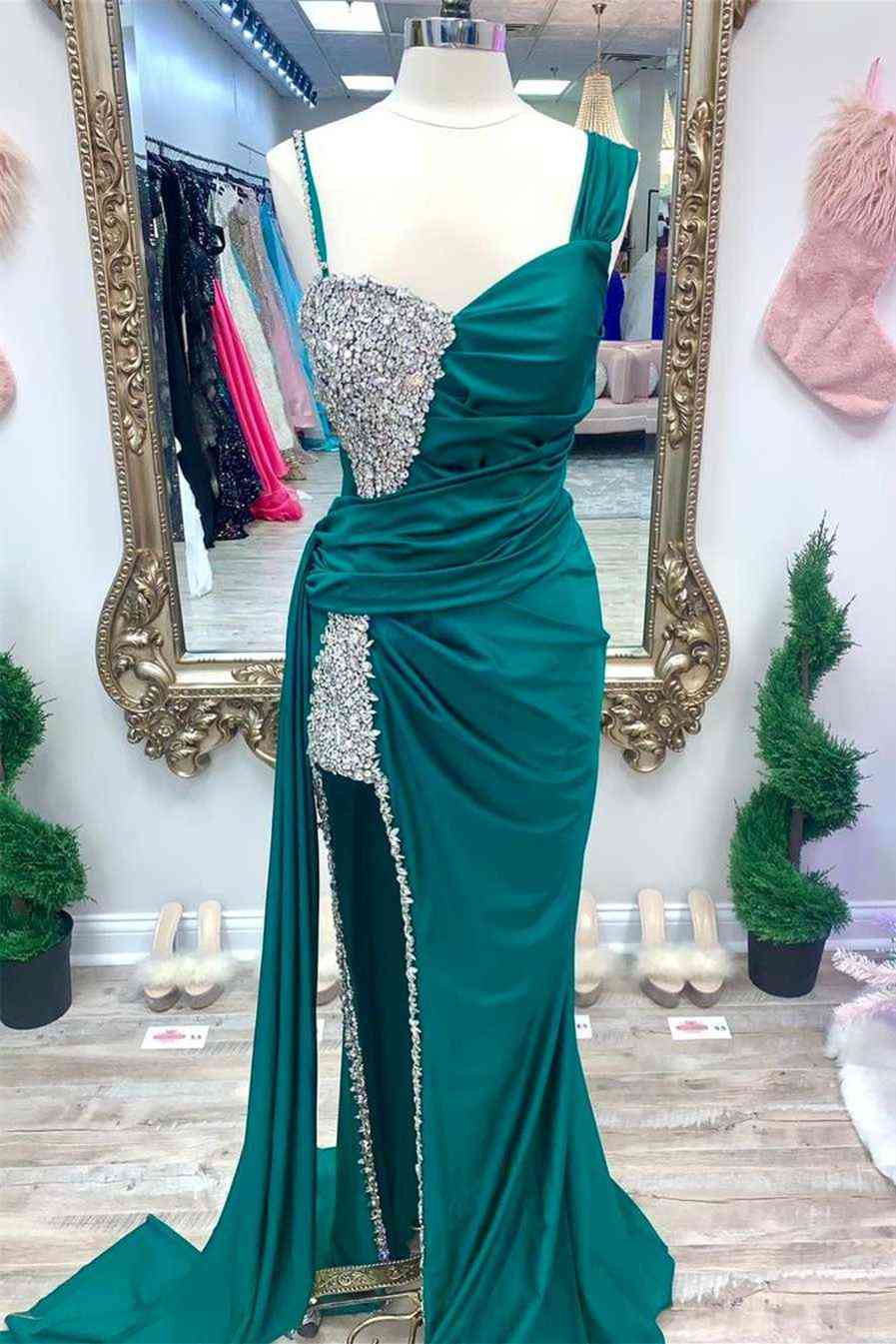 Chic Asymmertrical Fuchsia Beaded Long Porm Dress With Split lck002