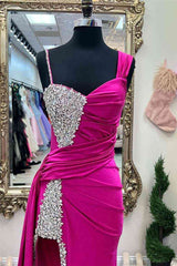 Chic Asymmertrical Fuchsia Beaded Long Porm Dress With Split lck002