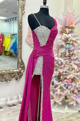 Chic Asymmertrical Fuchsia Beaded Long Porm Dress With Split lck002