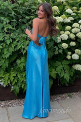 Elegant Straps Blue Beaded Applique Sheath Maxi Dress Prom Dress lck007