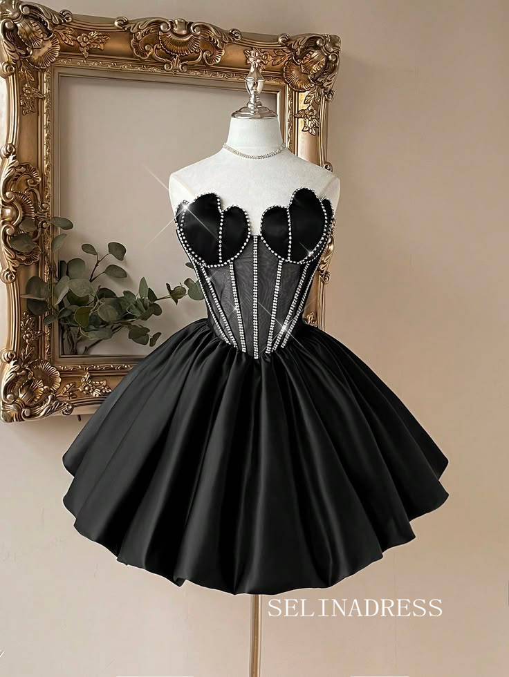 Glam Crystal-Embellished Black Mini Dress cok069|Selinadress