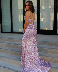 Glitter Lilac Two Piece Sequins Mermaid Porm Dress EWQ805