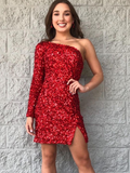 Glitter One Sleeve Red Sequined Homecoming Dress #TKL512|Selinadress