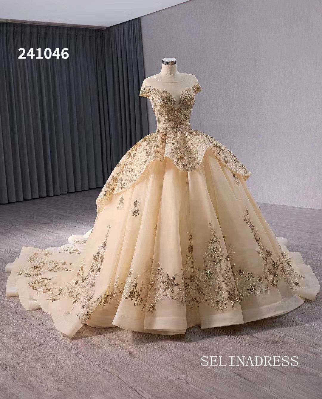 Gold Appliqued Lace Wedding Dress Bateau Neck Quinceanera Dress 241046 SELINADRESS Gold Appliqued Lace Wedding Dress Bateau Neck Quinceanera Dress 241046 SELINADRESS
