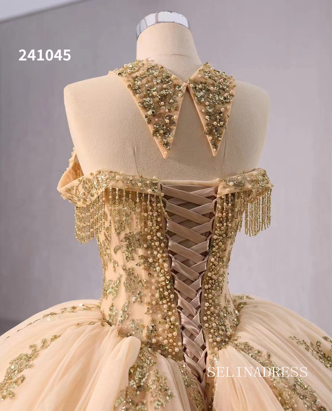 Gold Beaded Wedding Dress Halter Neck Quinceanera Dress 241045 SELINADRESS Gold Beaded Wedding Dress Halter Neck Quinceanera Dress 241045 SELINADRESS