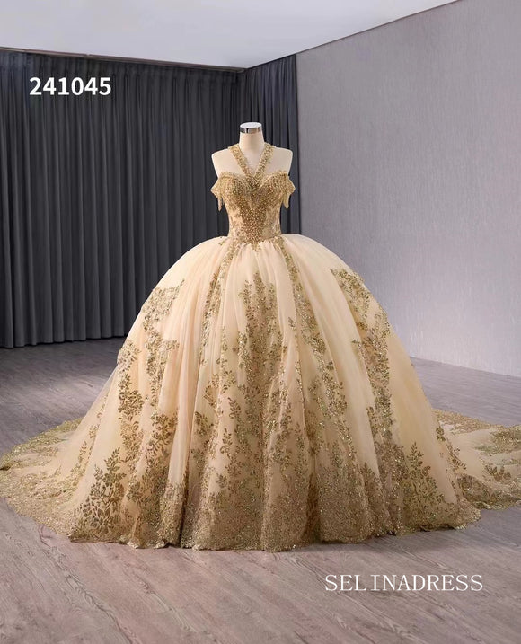 Gold Beaded Wedding Dress Halter Neck Quinceanera Dress 241045|Selinadress