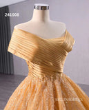 Gold Beaded Wedding Dress Off the Shoulder Ball Gown Quinceanera Dress 241008|Selinadress