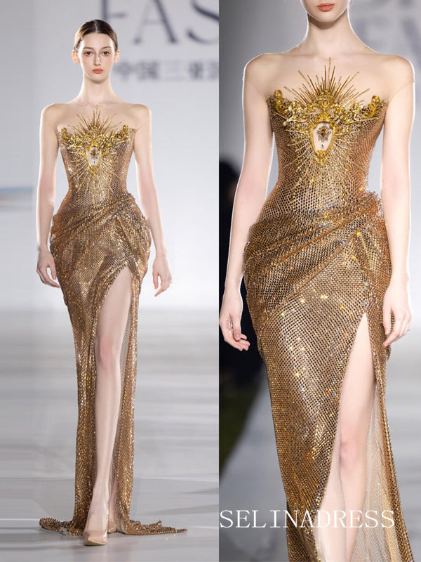 Gold Mermaid Strapless Sparkly Long Prom Dresses Evening Dresses YY012|Selinadres
