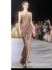 Gold Mermaid Strapless Sparkly Long Prom Dresses Evening Dresses YY012|Selinadres