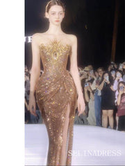 Gold Mermaid Strapless Sparkly Long Prom Dresses Evening Dresses YY012|Selinadres