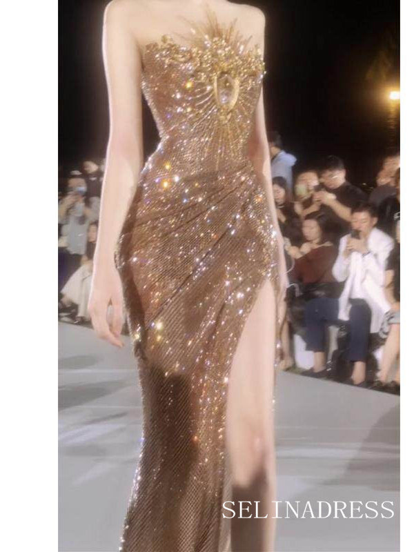 Gold Mermaid Strapless Sparkly Long Prom Dresses Evening Dresses YY012|Selinadres