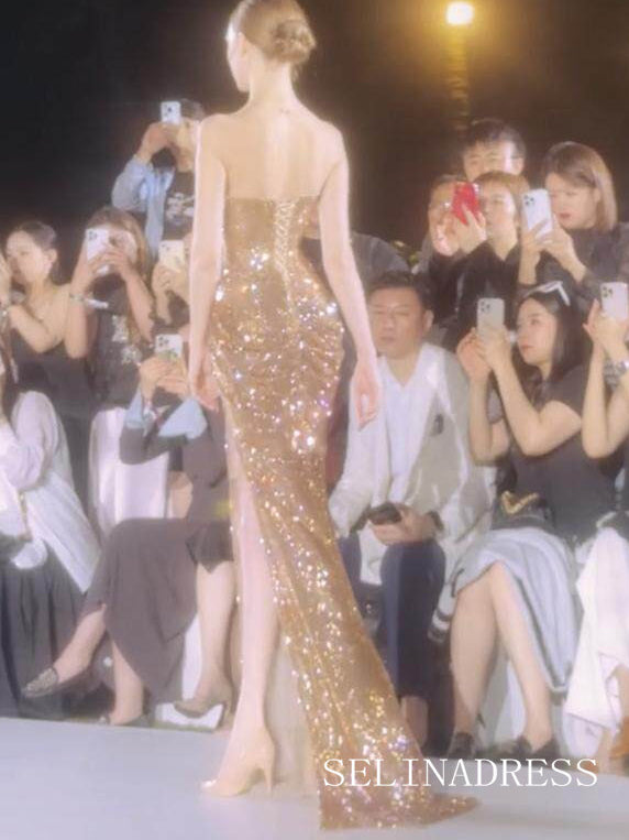 Gold Mermaid Strapless Sparkly Long Prom Dresses Evening Dresses YY012|Selinadres