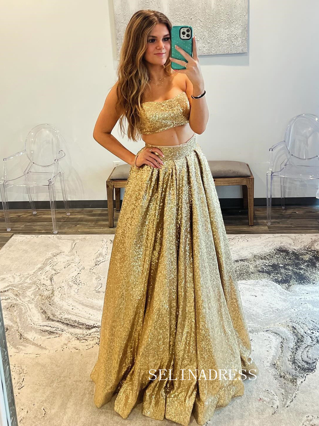 Gold Two Pieces Sequins Long Prom Dress Cheap Evening Gown SEW1260 SELINADRESS Gold Two Pieces Sequins Long Prom Dress Cheap Evening Gown SEW1260 SELINADRESS