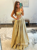 Gold Two Pieces Sequins Long Prom Dress Cheap Evening Gown SEW1260|Selinadress