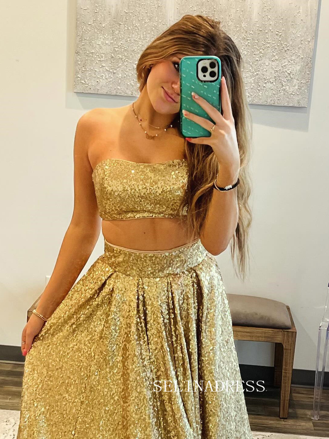 Gold Two Pieces Sequins Long Prom Dress Cheap Evening Gown SEW1260 SELINADRESS Gold Two Pieces Sequins Long Prom Dress Cheap Evening Gown SEW1260 SELINADRESS