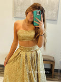 Gold Two Pieces Sequins Long Prom Dress Cheap Evening Gown SEW1260|Selinadress