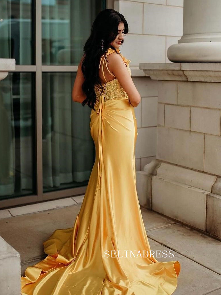 yellow lace prom dresses Gorgeous Lace Flower Long Prom Dress With Slit sew1038 – SELINADRESS