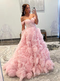 Gorgeous Off-the-shoulder Pink Frill Layered Gown Long Prom Dress sea080|Selinadress