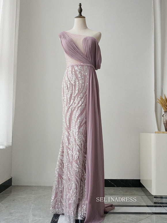 Gorgeous One Shoulder Elegant Long Prom Dress Rose Pink Sparkly Evening Dress Formal Gown FUE019|Selinadress