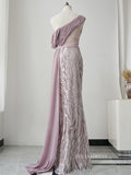Gorgeous One Shoulder Elegant Long Prom Dress Rose Pink Sparkly Evening Dress Formal Gown FUE019|Selinadress