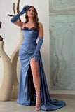 Gorgeous Sweetheart Dusty Blue Beadings Satin Long Evening Dress Side Slit #SEK193|Selinadress