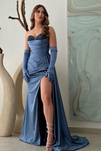 Gorgeous Sweetheart Dusty Blue Beadings Satin Long Evening Dress Side Slit #SEK193|Selinadress