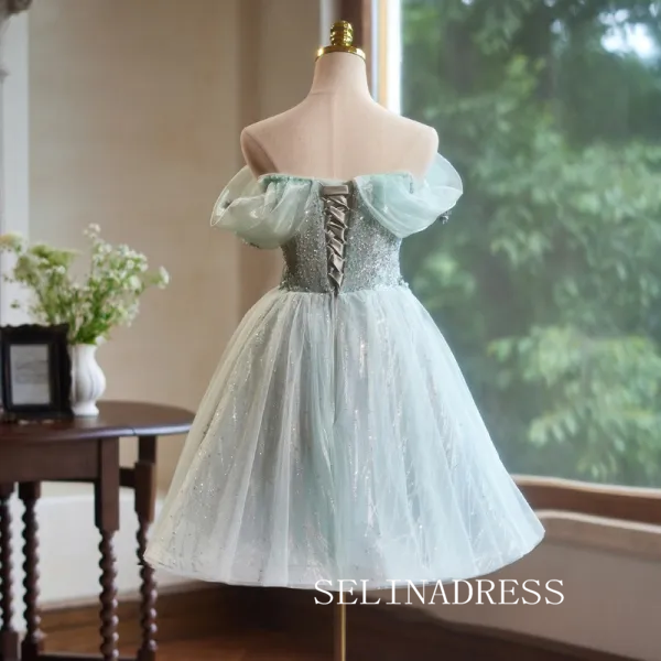 Green Tulle Cute Homecoming Dresses Off-the-shoulder Hoco Dress Cockta SELINADRESS Green Tulle Cute Homecoming Dresses Off-the-shoulder Hoco Dress Cockta SELINADRESS