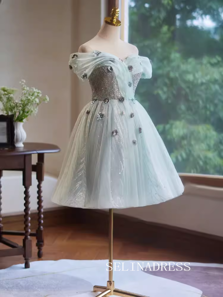 Green Tulle Cute Homecoming Dresses Off-the-shoulder Hoco Dress Cockta SELINADRESS Green Tulle Cute Homecoming Dresses Off-the-shoulder Hoco Dress Cockta SELINADRESS
