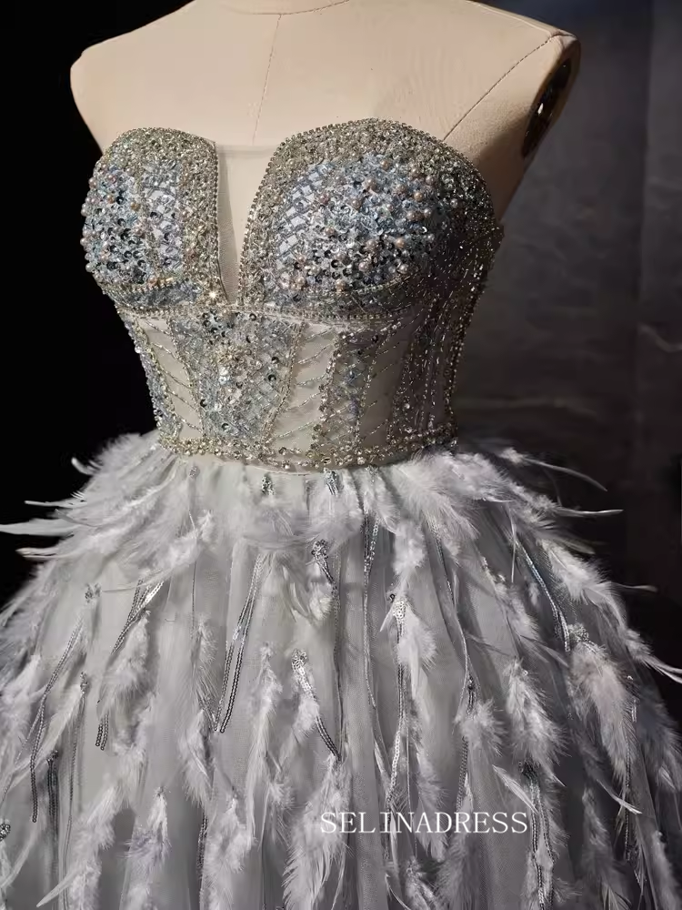 Grey Beaded Feather Homecoming Dresses Sheer Bodice Short Formal Dress SELINADRESS Grey Beaded Feather Homecoming Dresses Sheer Bodice Short Formal Dress SELINADRESS