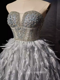 Grey Beaded Feather Homecoming Dresses Sheer Bodice Short Formal Dress #SEW1264|Selinadress