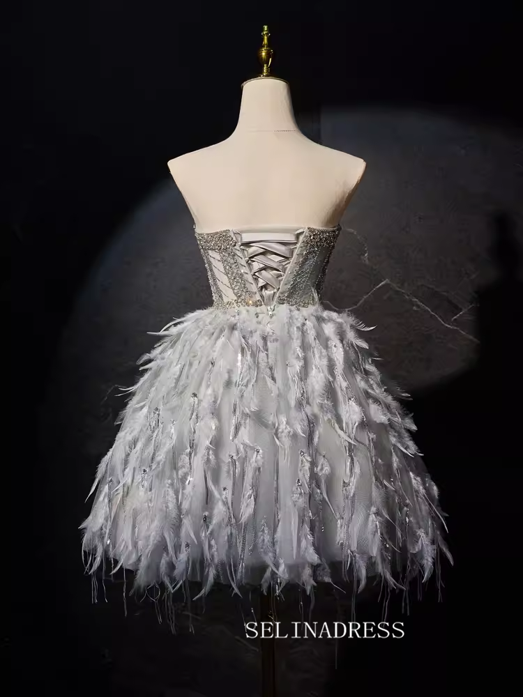 Grey Beaded Feather Homecoming Dresses Sheer Bodice Short Formal Dress SELINADRESS Grey Beaded Feather Homecoming Dresses Sheer Bodice Short Formal Dress SELINADRESS