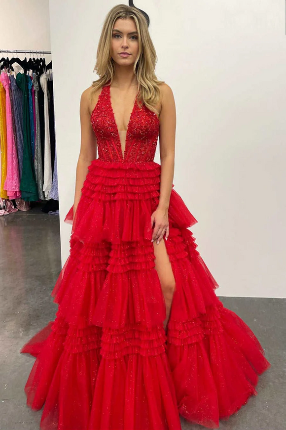 Halter Red Appliques Ruffle Tulle Prom Ball Gown SEW1100|Selinadress
