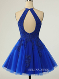 Halter Royal Blue Short Homecoming Dress with Appliques SEA014|Selinadress