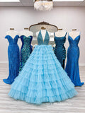 Halter Ruched Light Blue Ball Gown Evening Dress With Slit SEW1157|Selinadress