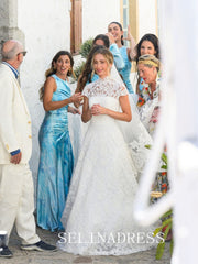 High Neck Lace Wedding Dresses Vintage Short Sleeve Wedding Dress XS002|Selinadress