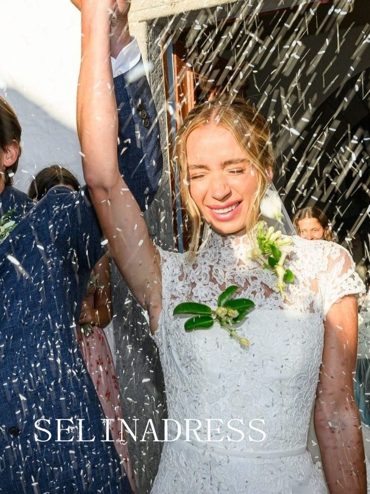 High Neck Lace Wedding Dresses Vintage Short Sleeve Wedding Dress XS002|Selinadress