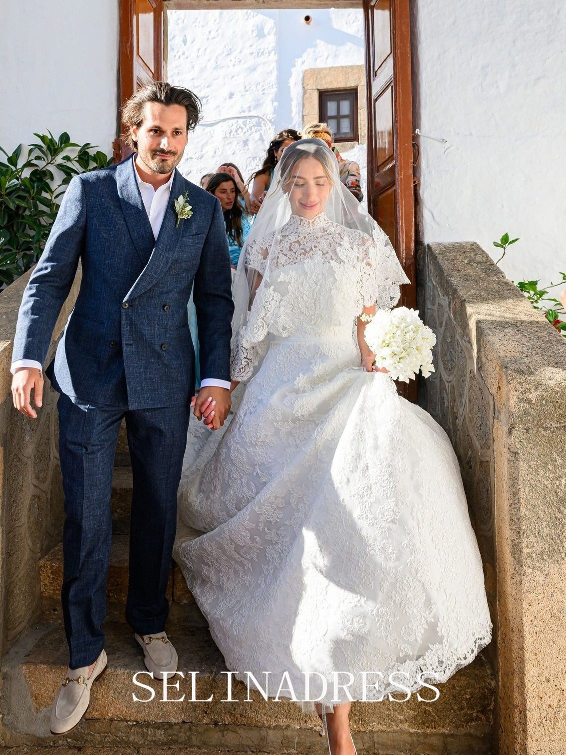 High Neck Lace Wedding Dresses Vintage Short Sleeve Wedding Dress XS002|Selinadress