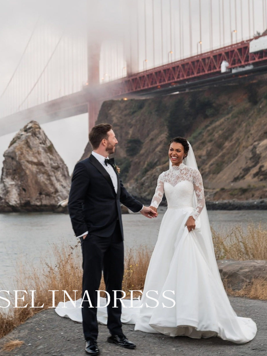 High Neck Long Sleeve Lace Wedding Dresses Vintage Princess Wedding Dress XS001 High Neck Long Sleeve Lace Wedding Dresses Vintage Princess Wedding Dress XS001