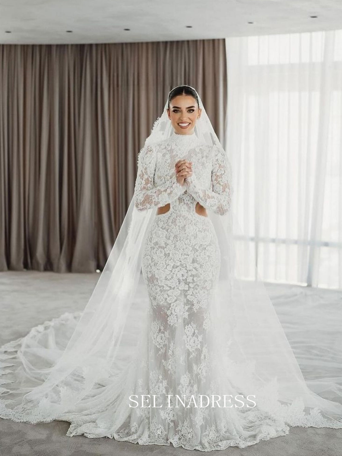 High Neck Open Back Mermaid Lace Wedding Dresses with Long Sleeves GRK029 High Neck Open Back Mermaid Lace Wedding Dresses with Long Sleeves GRK029