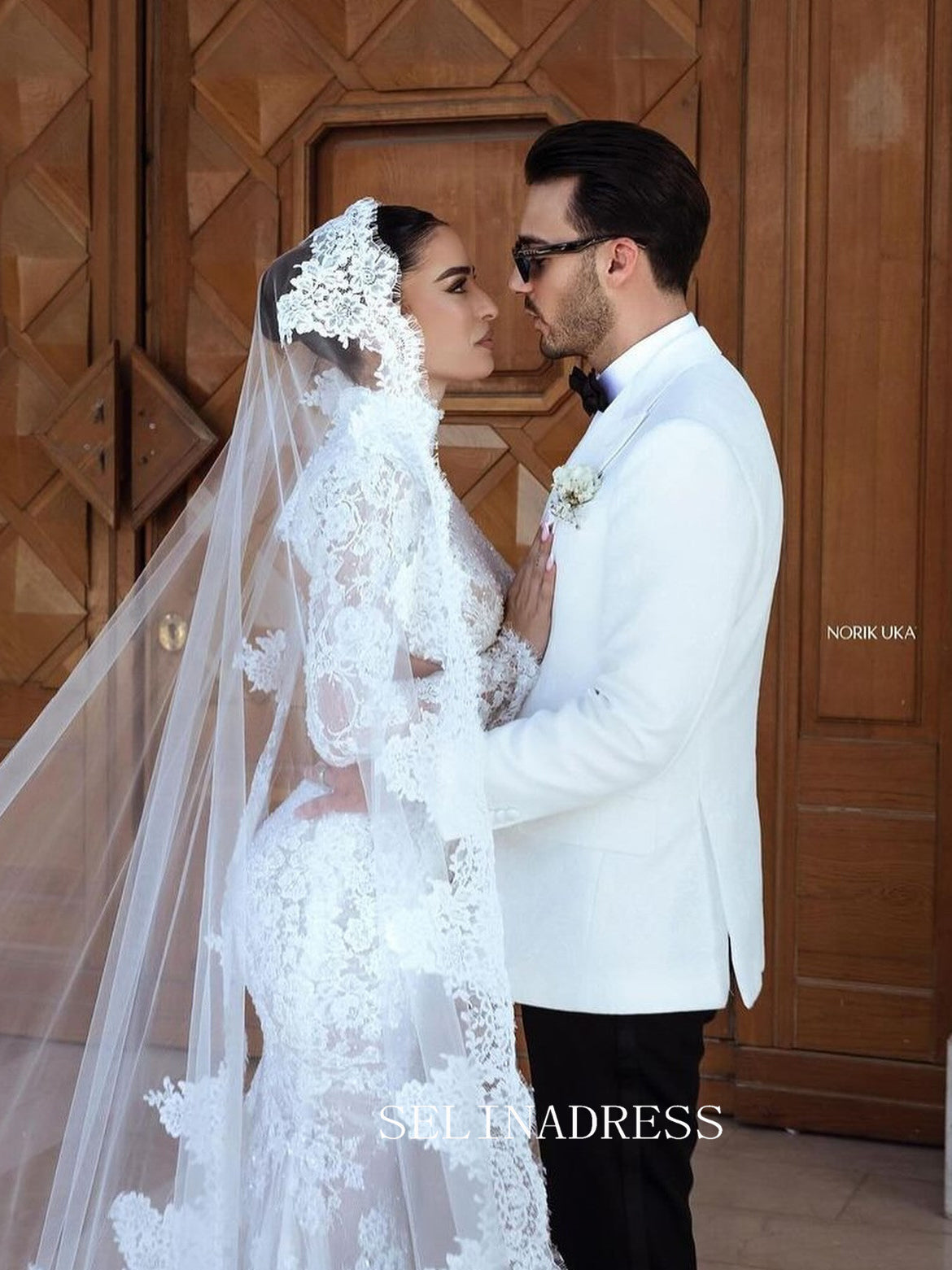High Neck Open Back Mermaid Lace Wedding Dresses with Long Sleeves GRK029 High Neck Open Back Mermaid Lace Wedding Dresses with Long Sleeves GRK029