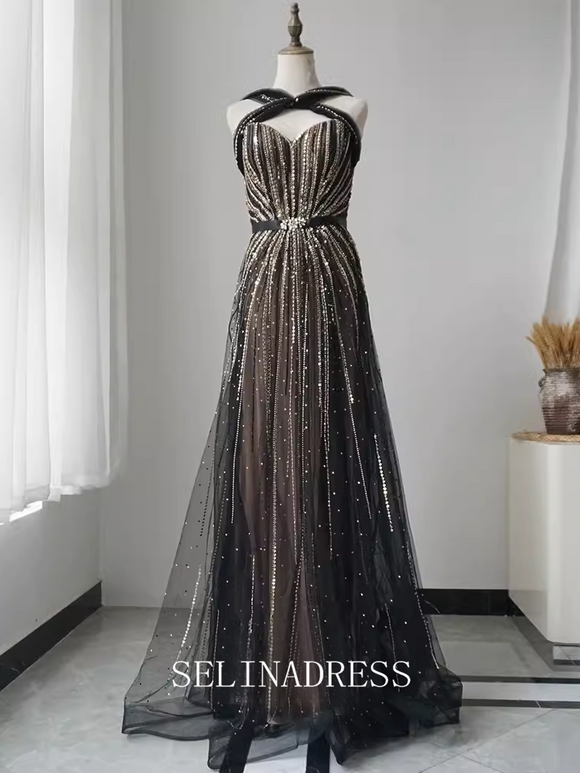 High Quality Black Beaded Long Prom Dress Luxury Dubai Evening Formal Gown EWR105