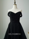 High Quality Black Beaded Long Prom Dress Off-the-shoulder Dubai Evening Formal Gown EWR101|Selinadress