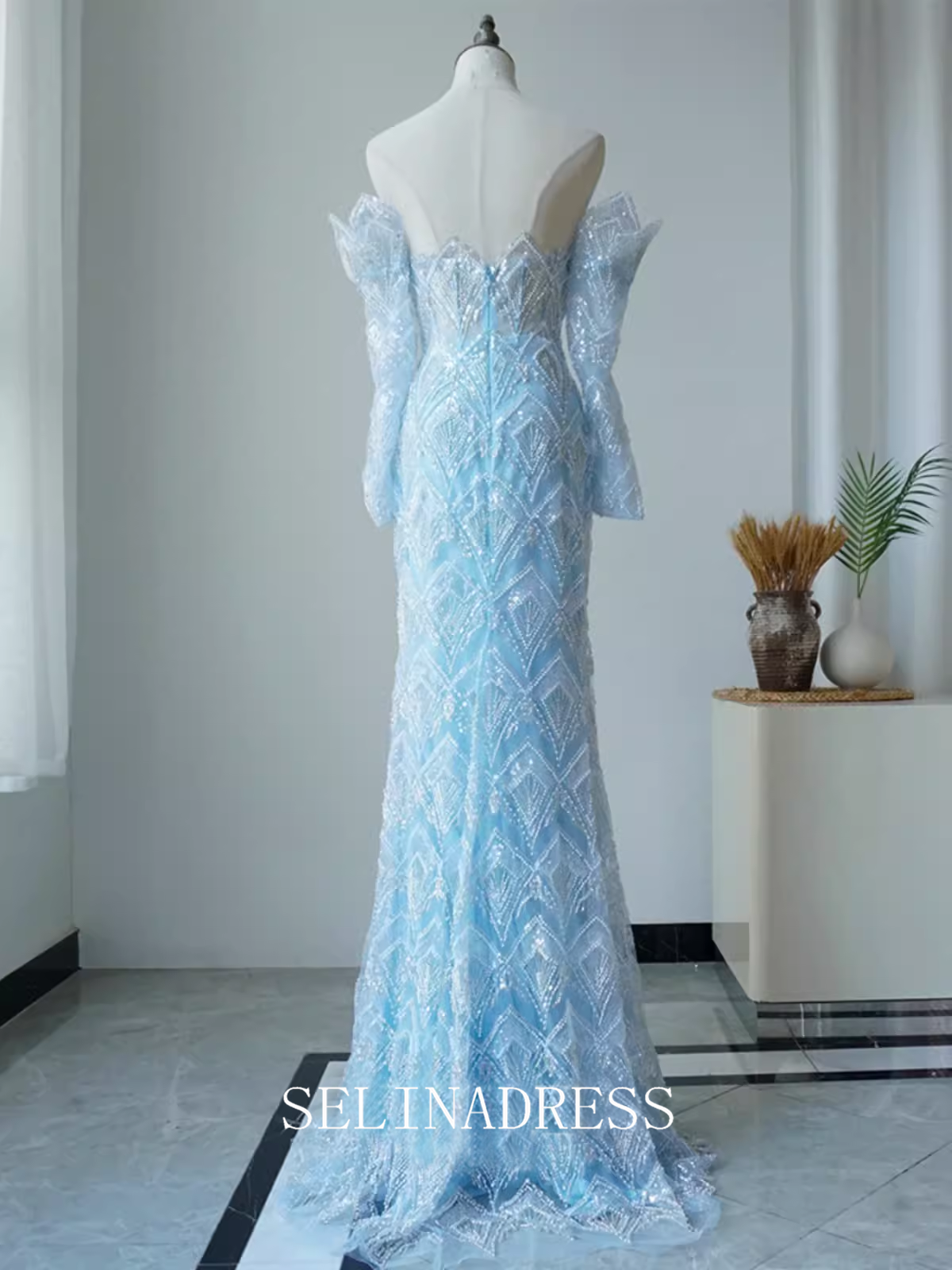 High Quality Mermaid Sky Blue Beaded luxury Prom Dress Dubai Evening F SELINADRESS High Quality Mermaid Sky Blue Beaded luxury Prom Dress Dubai Evening F SELINADRESS