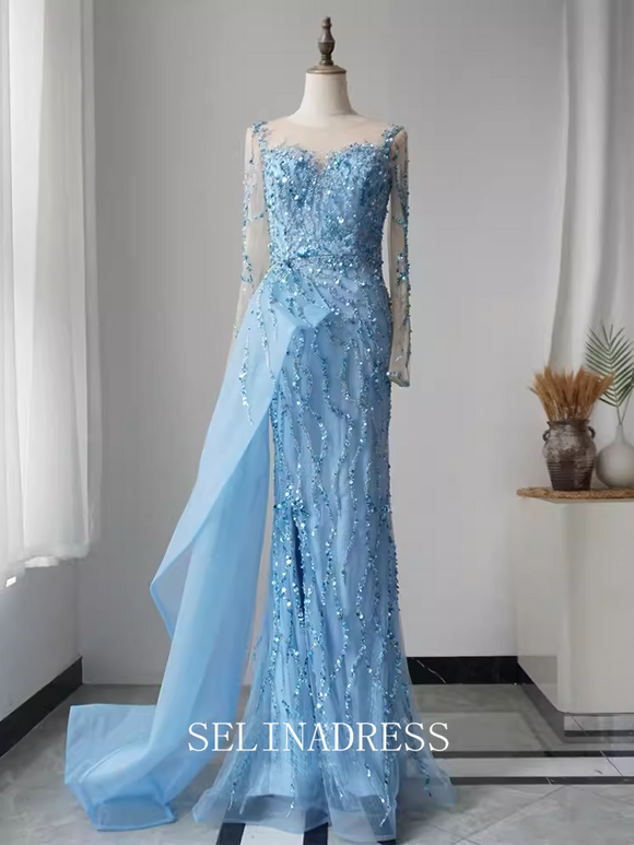 High Quality Mermaid Sky Blue Prom Dress Long Sleeve Beaded Dubai Evening Formal Gown EWR108